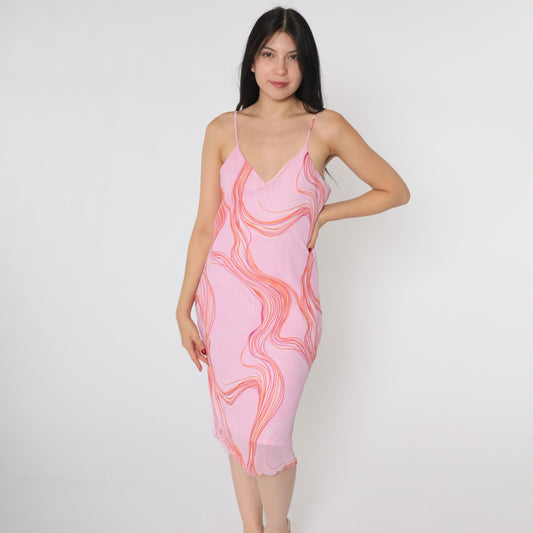 Y2K Pink Chiffon Slip Dress Abstract Swirl Print V-Neck Midi Medium 8