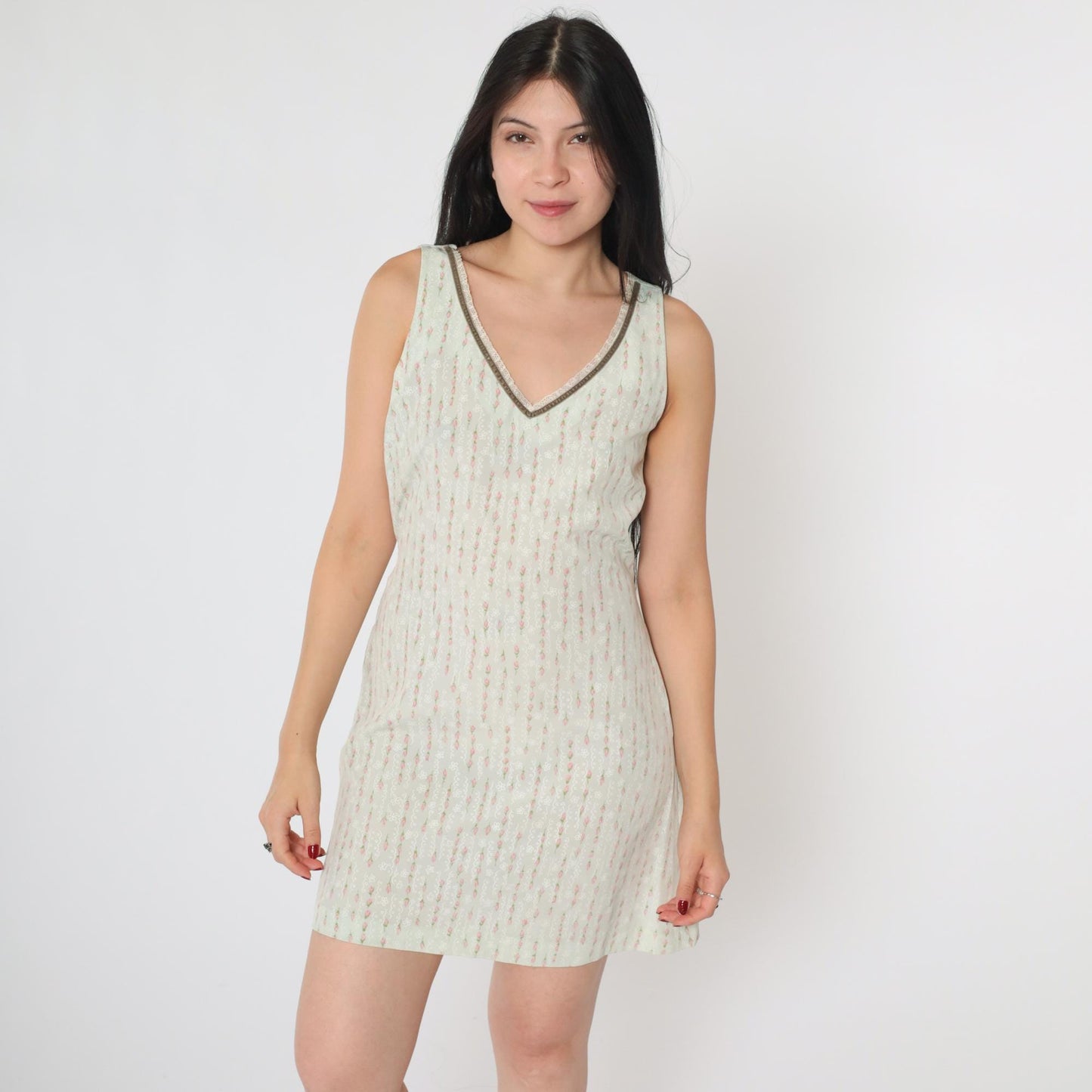 90s Mint Floral Sheath Mini Dress Deep V Neck Sleeveless Small