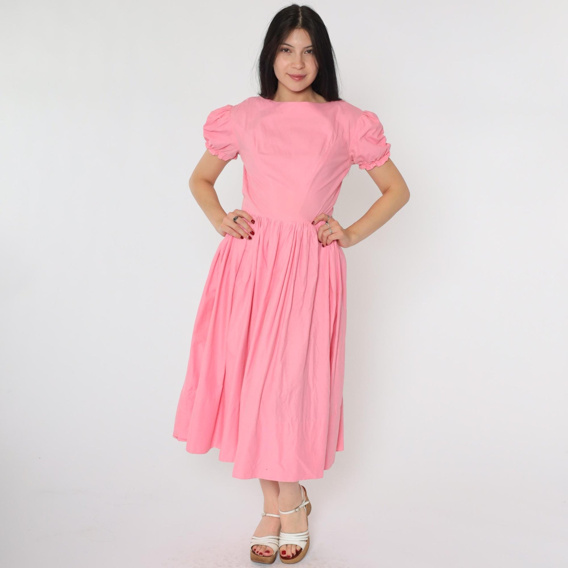 60s Bright Pink Puff Sleeve Midi Dress High Waist Full Skirt Small S