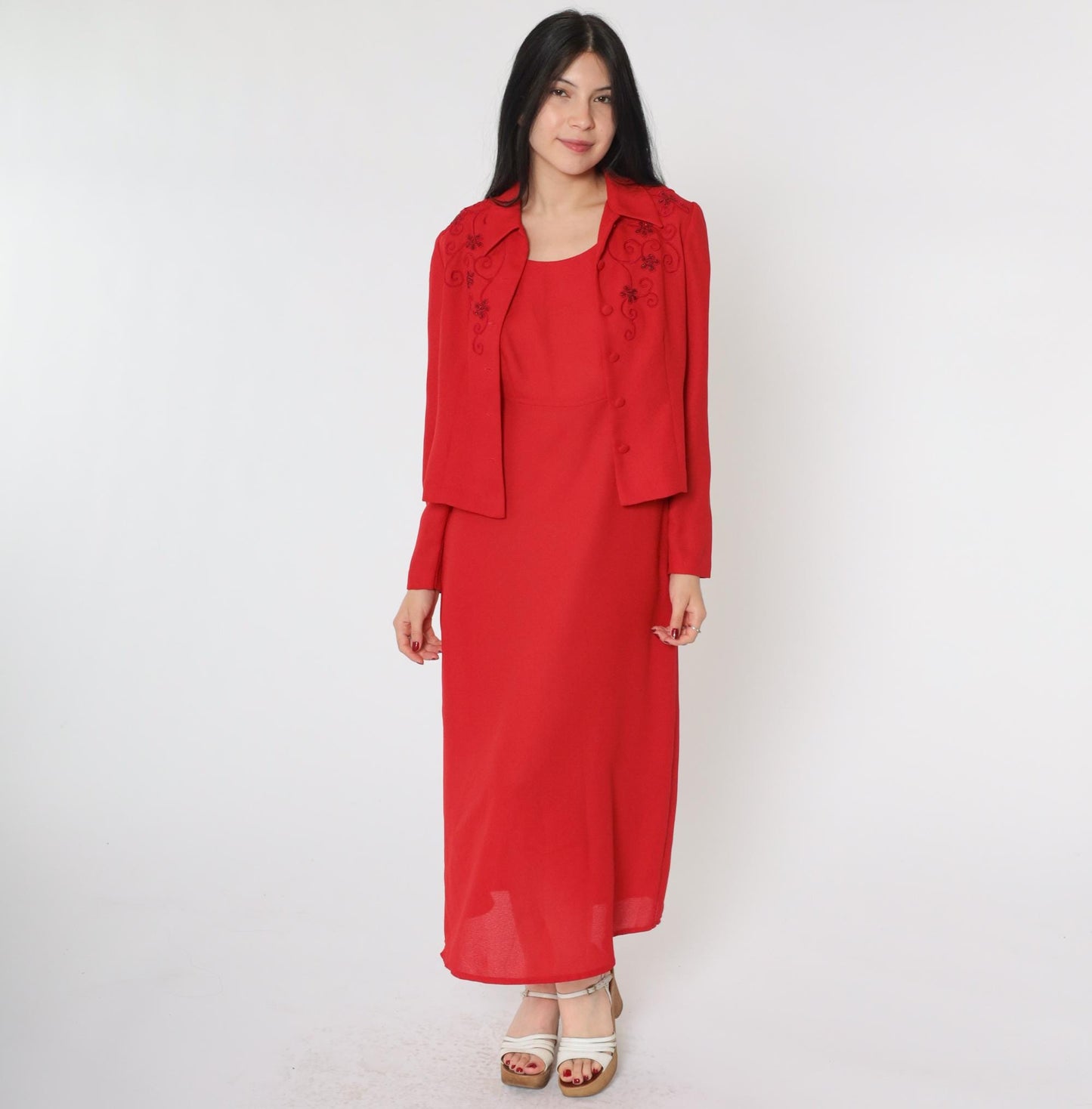 90s Karin Stevens Red Soutache Beaded Two-Piece Dress Set Ankle Length Small Petite