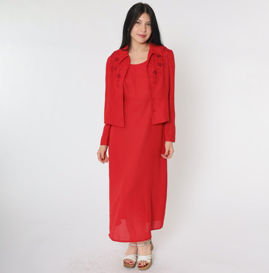90s Karin Stevens Red Soutache Beaded Two-Piece Dress Set Ankle Length Small Petite
