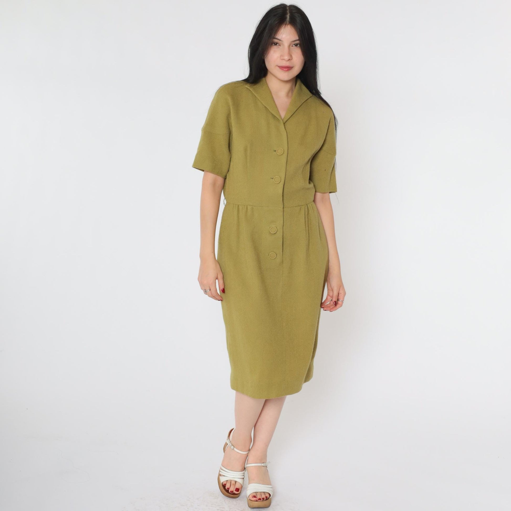 60s Olive Green Wool Pencil Dress Button Front High Waist Short Sleeve Midi Medium 8