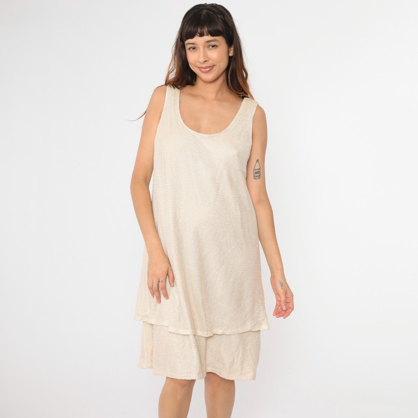 90s Onyx Nite Metallic Mesh Midi Dress Beige Sleeveless Tiered Large L