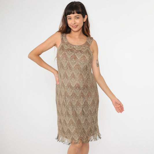90s S.L. Fashions Metallic Lace Mini Dress Gold Fringe Sleeveless Shift Extra Large XXL