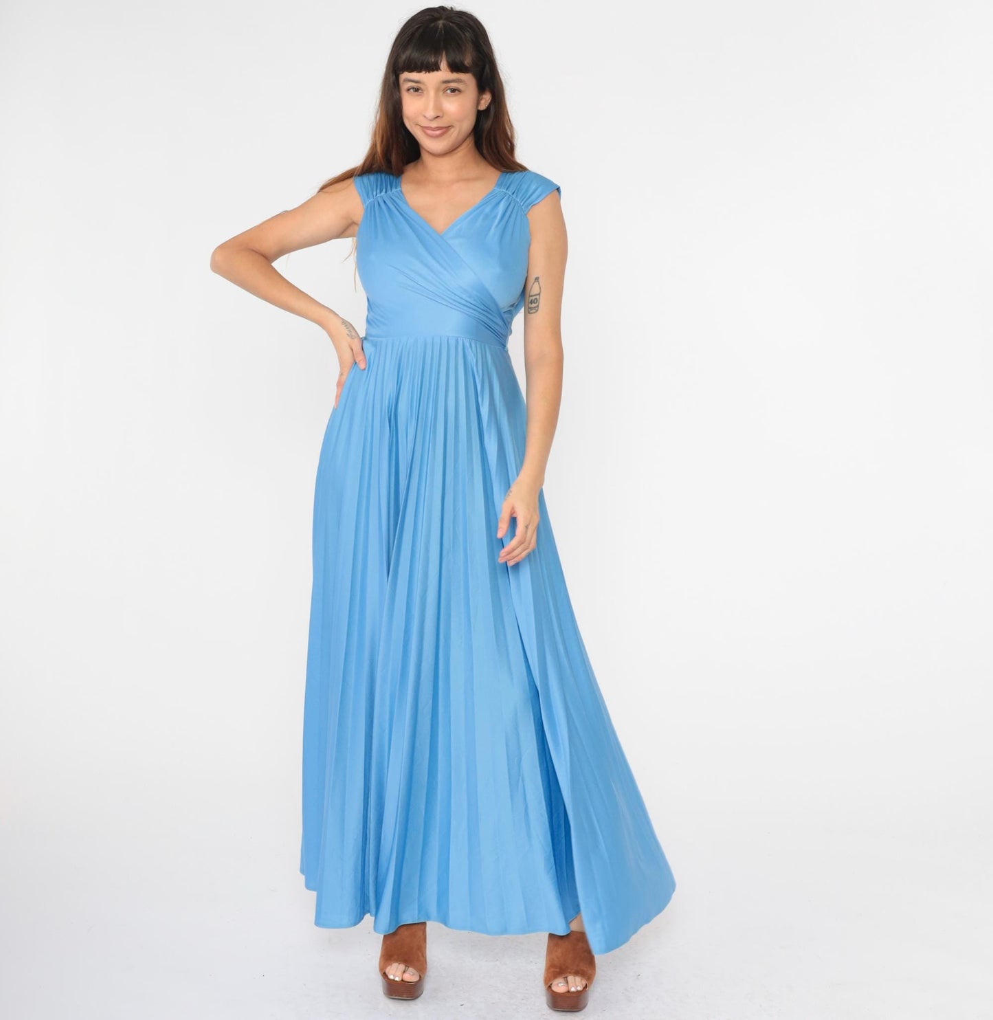 70s Blue Maxi Dress Pleated Wrap V-Neck Cap Sleeve High Waist Small