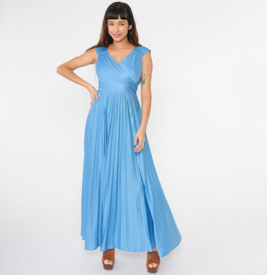 70s Blue Maxi Dress Pleated Wrap V-Neck Cap Sleeve High Waist Small