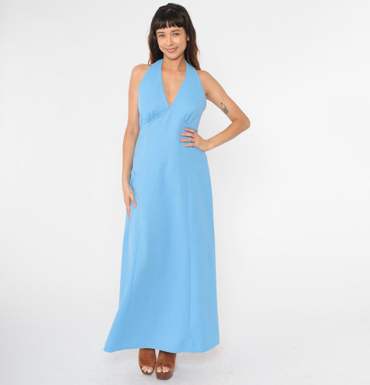 70s Blue Halter Maxi Dress Empire Waist Open Back Sleeveless Medium M