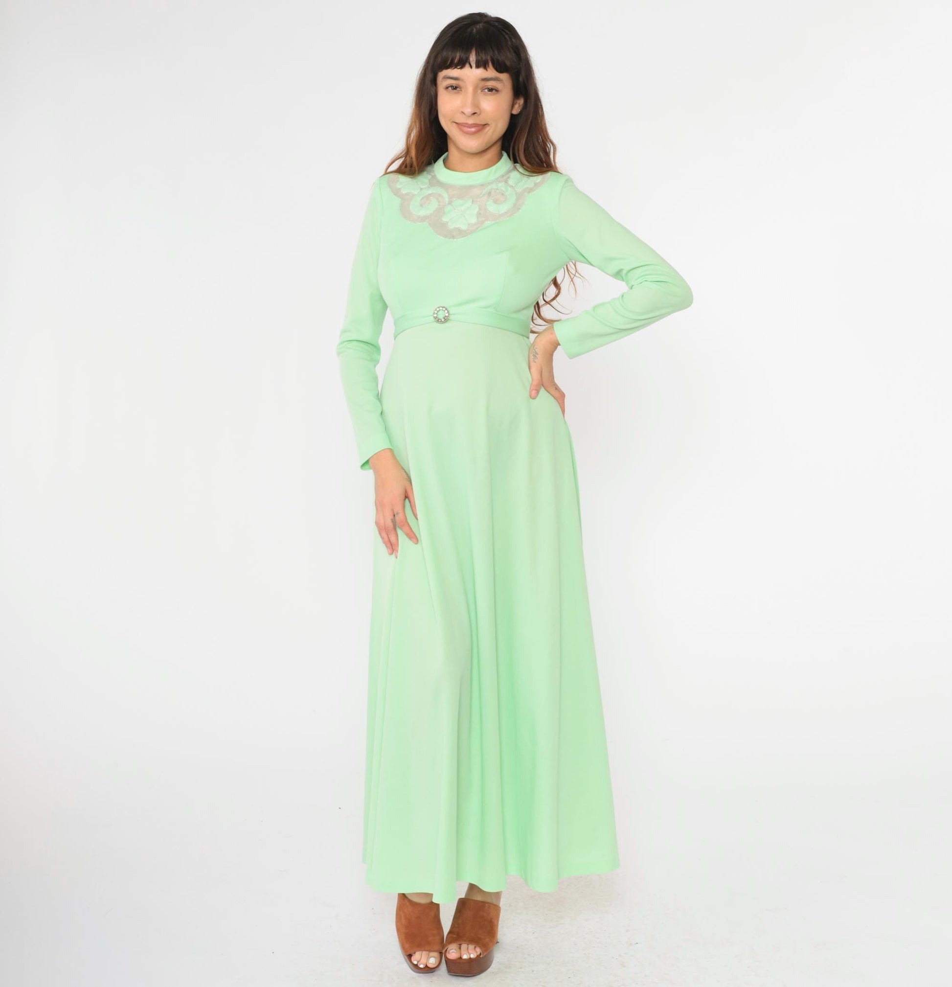 70s Mint Green Maxi Dress Embroidered Mesh Yoke Rhinestone Buckle Small