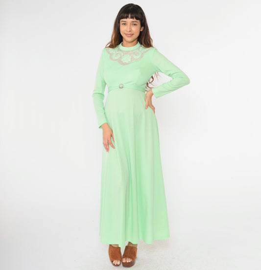 70s Mint Green Maxi Dress Embroidered Mesh Yoke Rhinestone Buckle Small