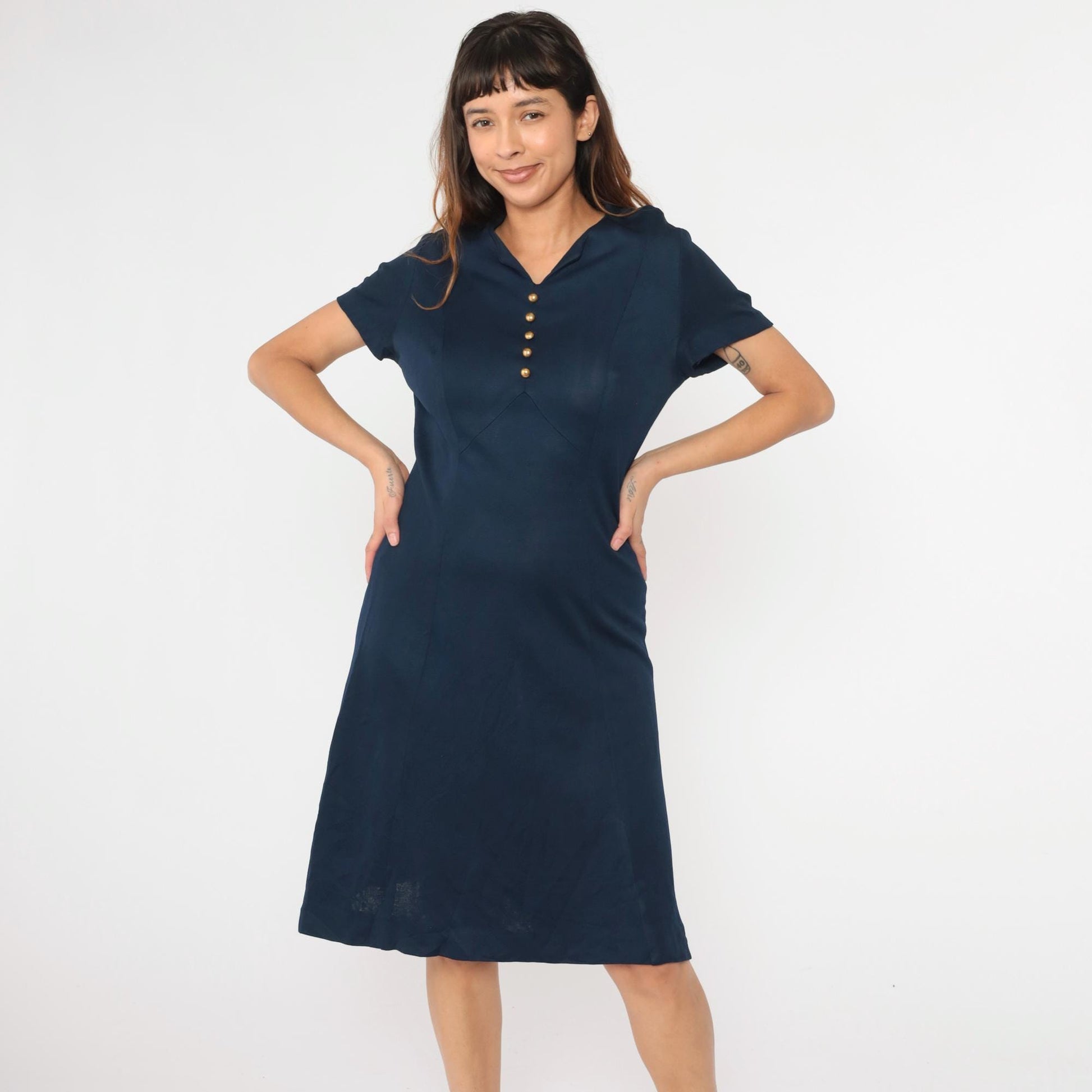 1960s Navy Shift Dress Midi Button Detail Short Sleeve Medium