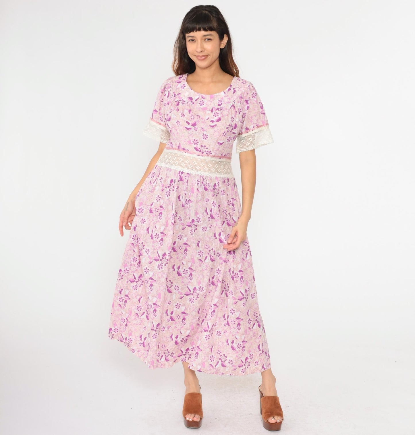 Y2K Floral Maxi Dress Purple Pink Lace Trim Short Sleeve Large