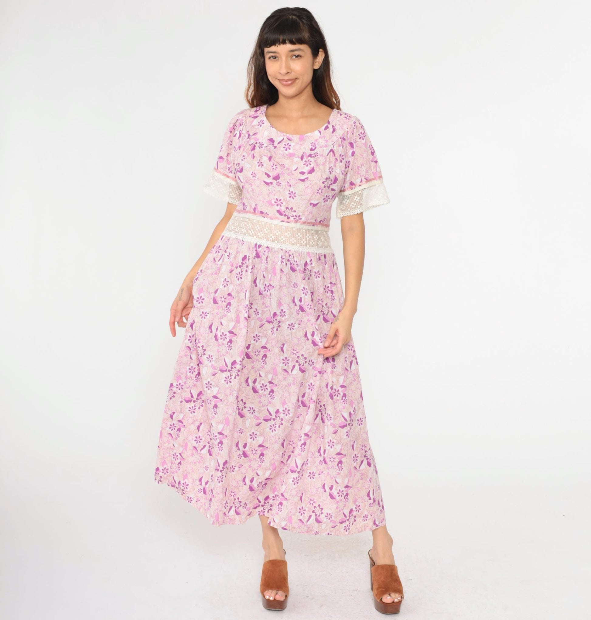 Y2K Floral Maxi Dress Purple Pink Lace Trim Short Sleeve Large