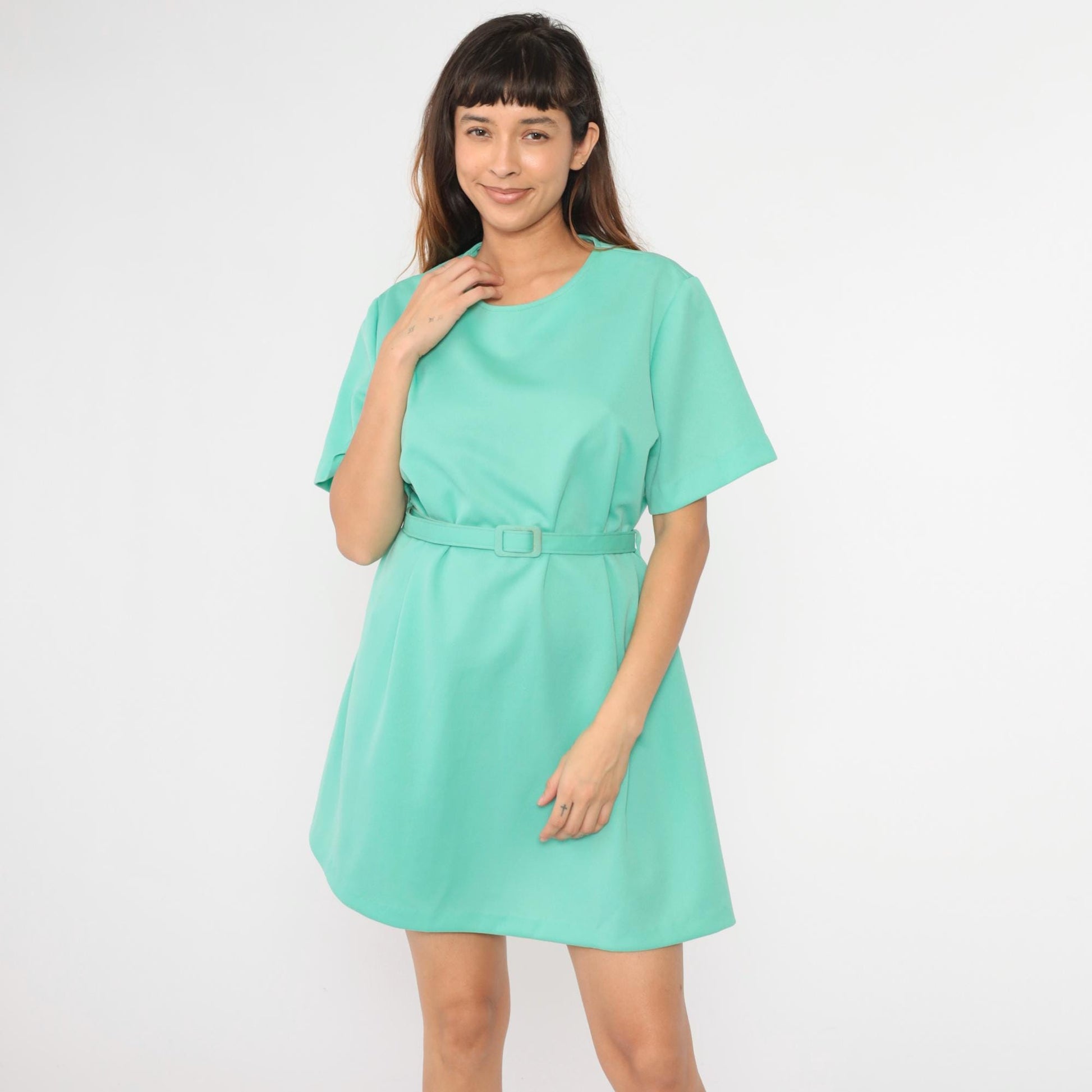 1970s Mint Green Shift Mini Dress Short Sleeve Belt XXL