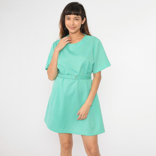 1970s Mint Green Shift Mini Dress Short Sleeve Belt XXL
