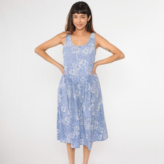 90s Periwinkle Floral Midi Dress Sleeveless Button Side Cotton Medium