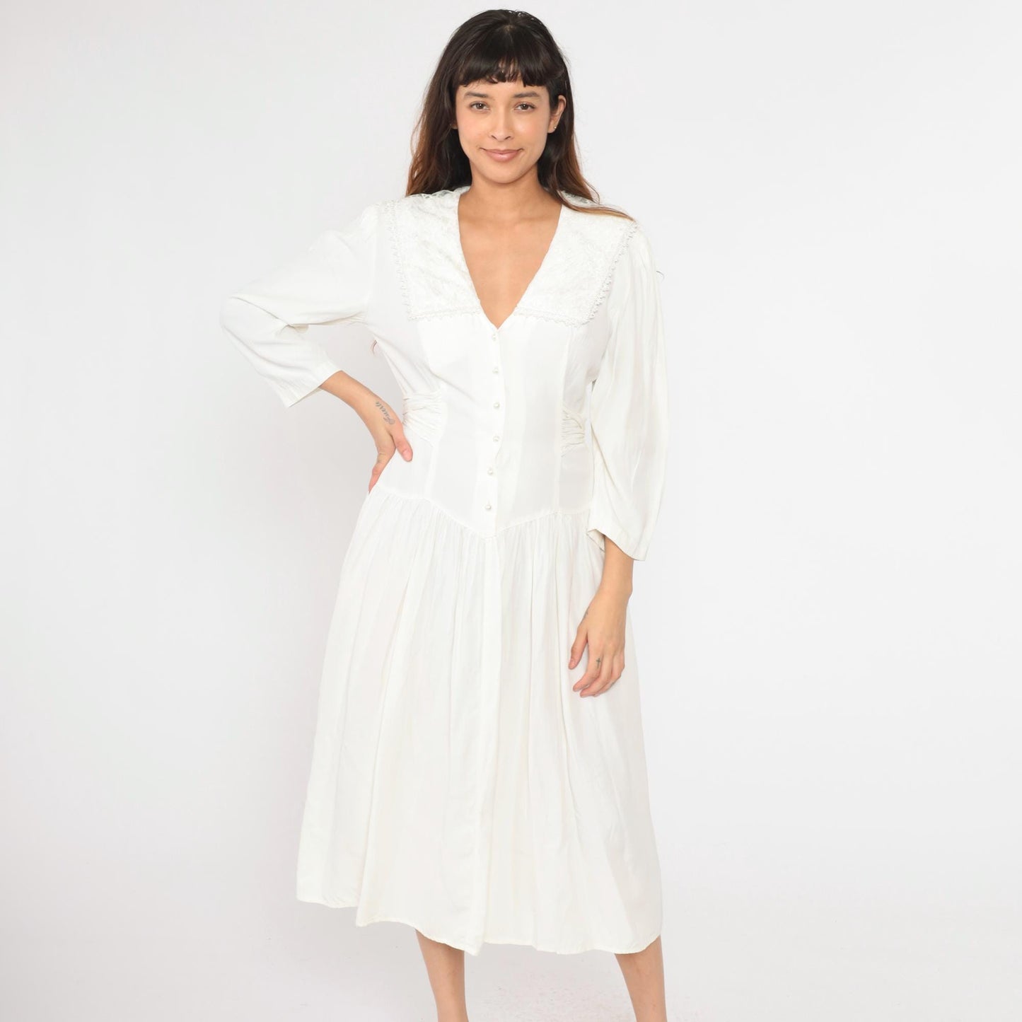 80s Jody California White Midi Dress Sailor Collar Button-Up Puff Sleeve Medium