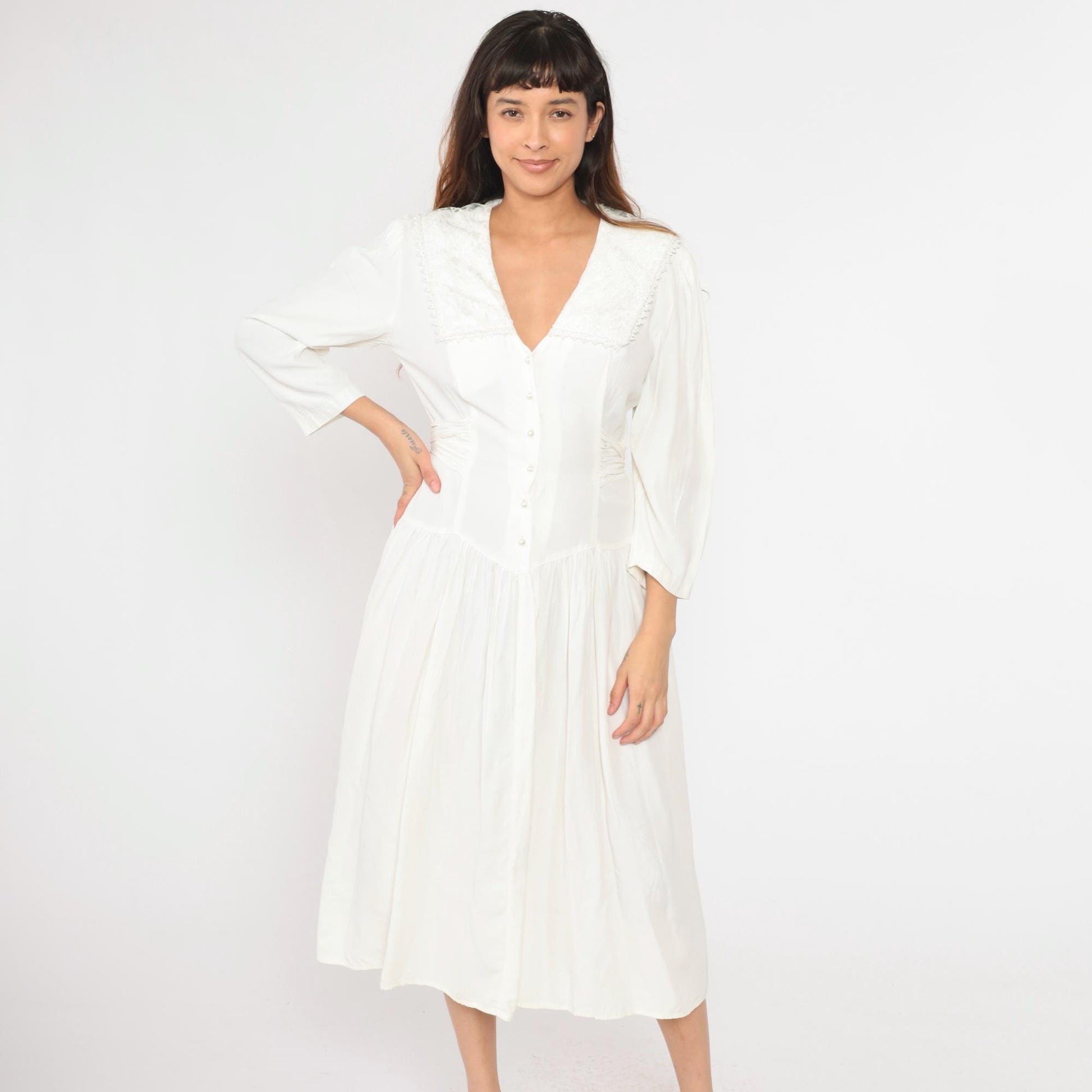 80s Jody California White Midi Dress Sailor Collar Button-Up Puff Sleeve Medium