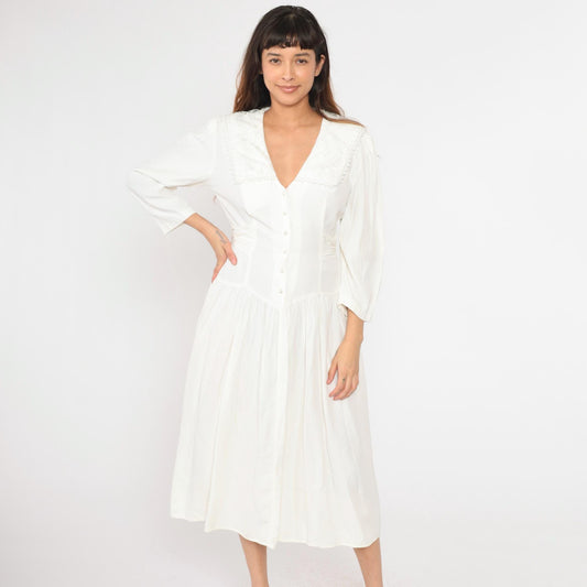 80s Jody California White Midi Dress Sailor Collar Button-Up Puff Sleeve Medium