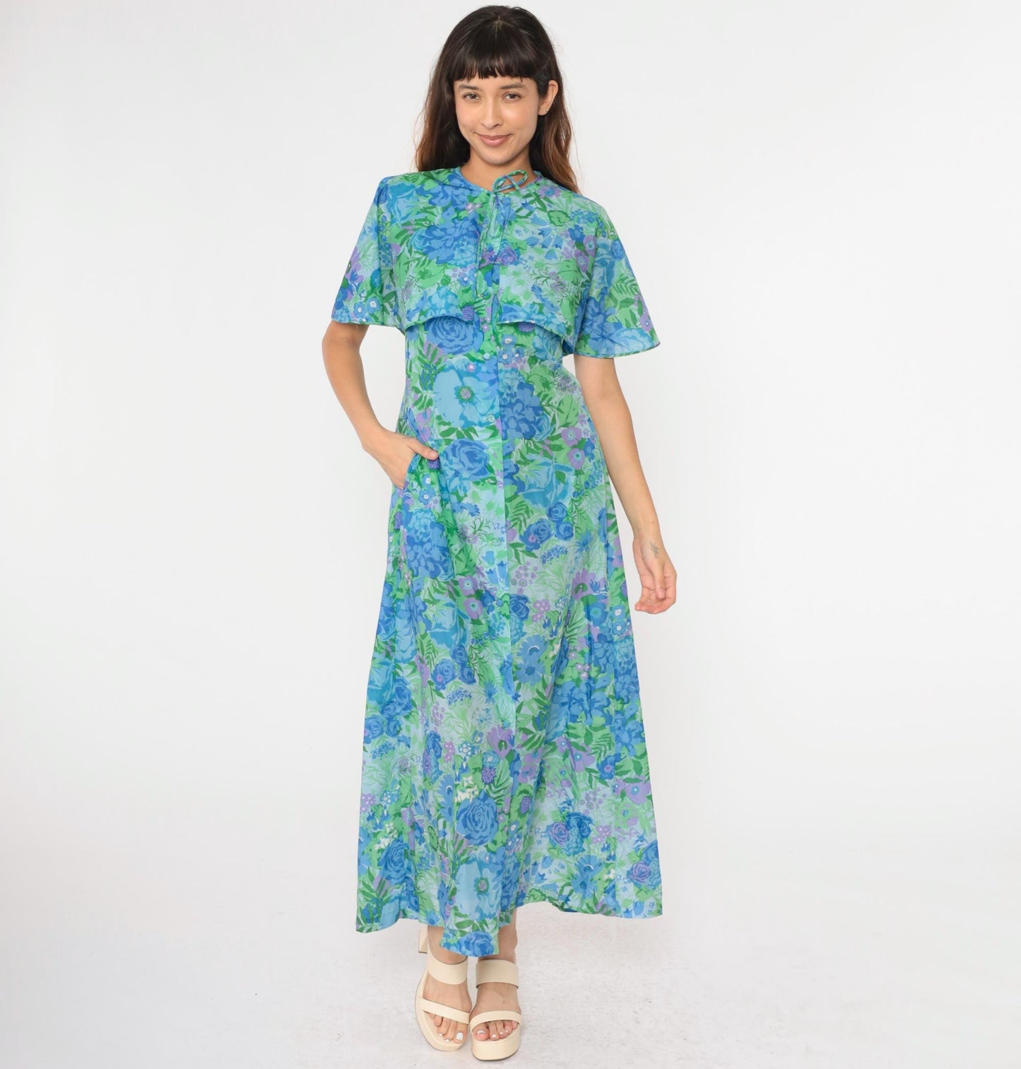 70s Lord & Taylor Floral Maxi Dress Blue Green Capelet Button Front Small