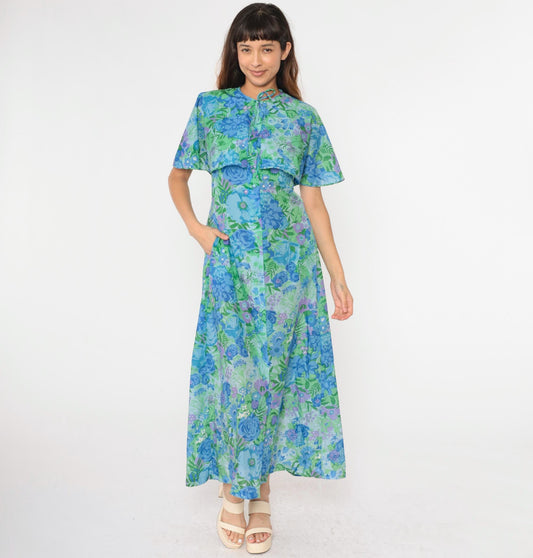 70s Lord & Taylor Floral Maxi Dress Blue Green Capelet Button Front Small