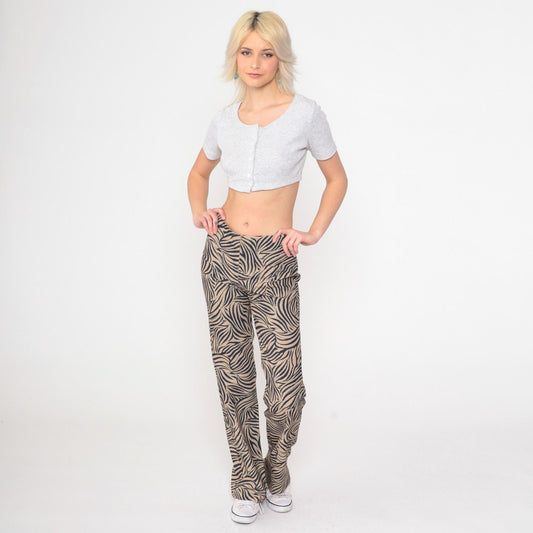 Y2K Zebra Stripe Flared Pants Black Tan Mid Rise Front Zip Medium 9