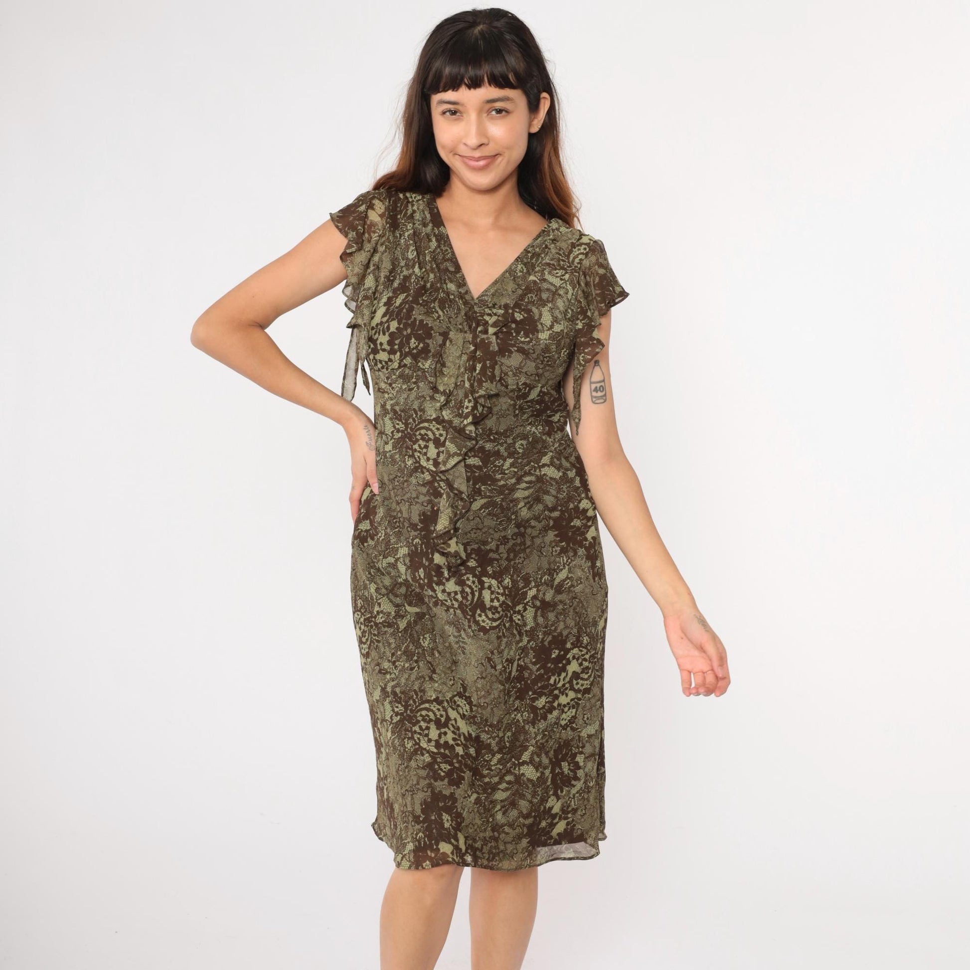 Y2K Floral Chiffon Midi Dress Brown Green Empire Waist V-Neck Small 6
