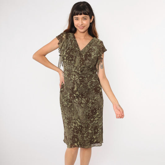 Y2K Floral Chiffon Midi Dress Brown Green Empire Waist V-Neck Small 6