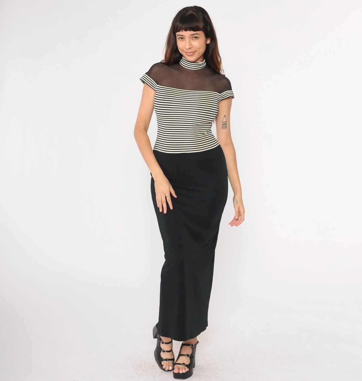 90s Susan Rosalli Bodycon Maxi Dress Black White Striped Mesh Mock Neck Small 4