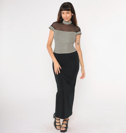90s Susan Rosalli Bodycon Maxi Dress Black White Striped Mesh Mock Neck Small 4