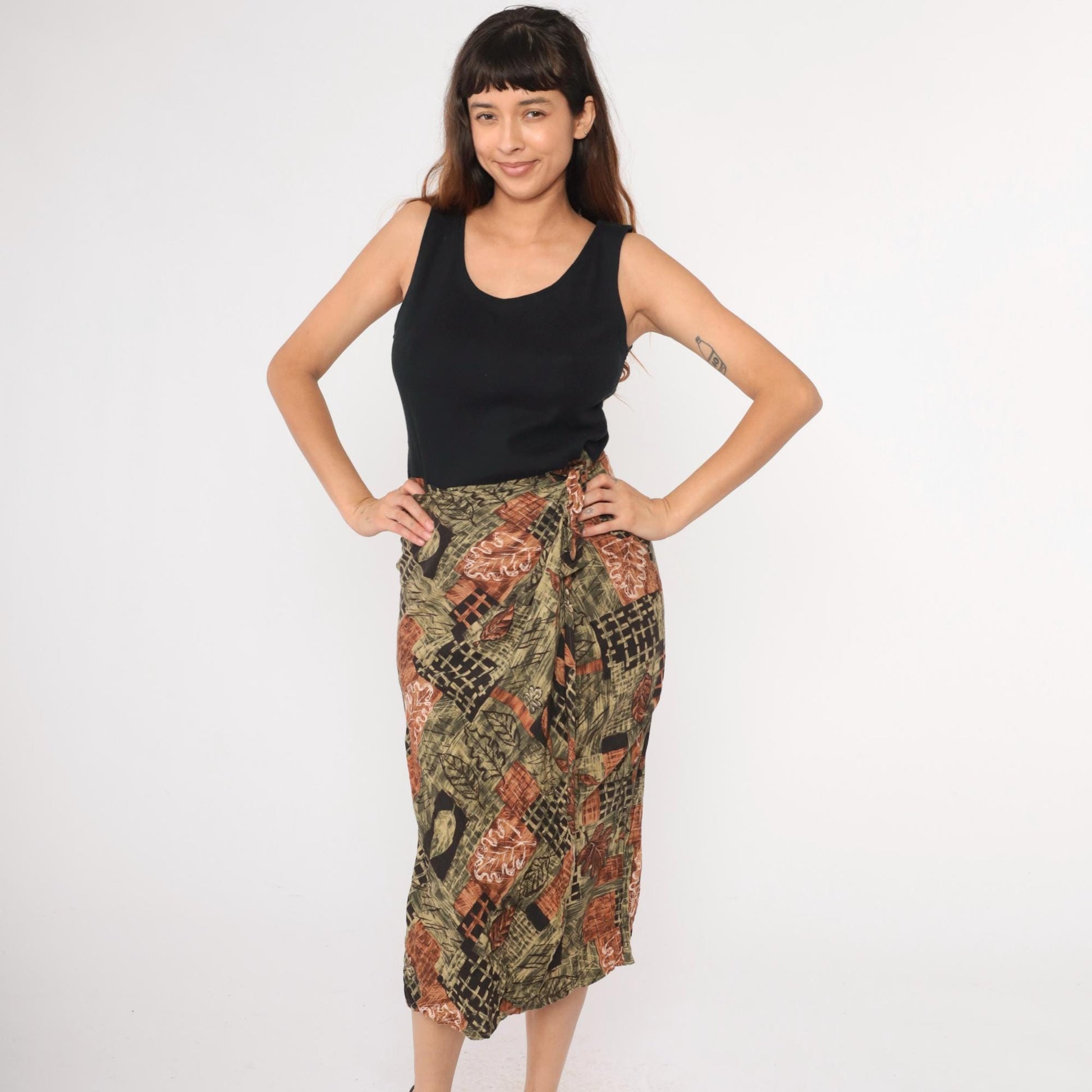 90s UM & Company Leaf Print Midi Dress Black High Waist Wrap Sleeveless Medium