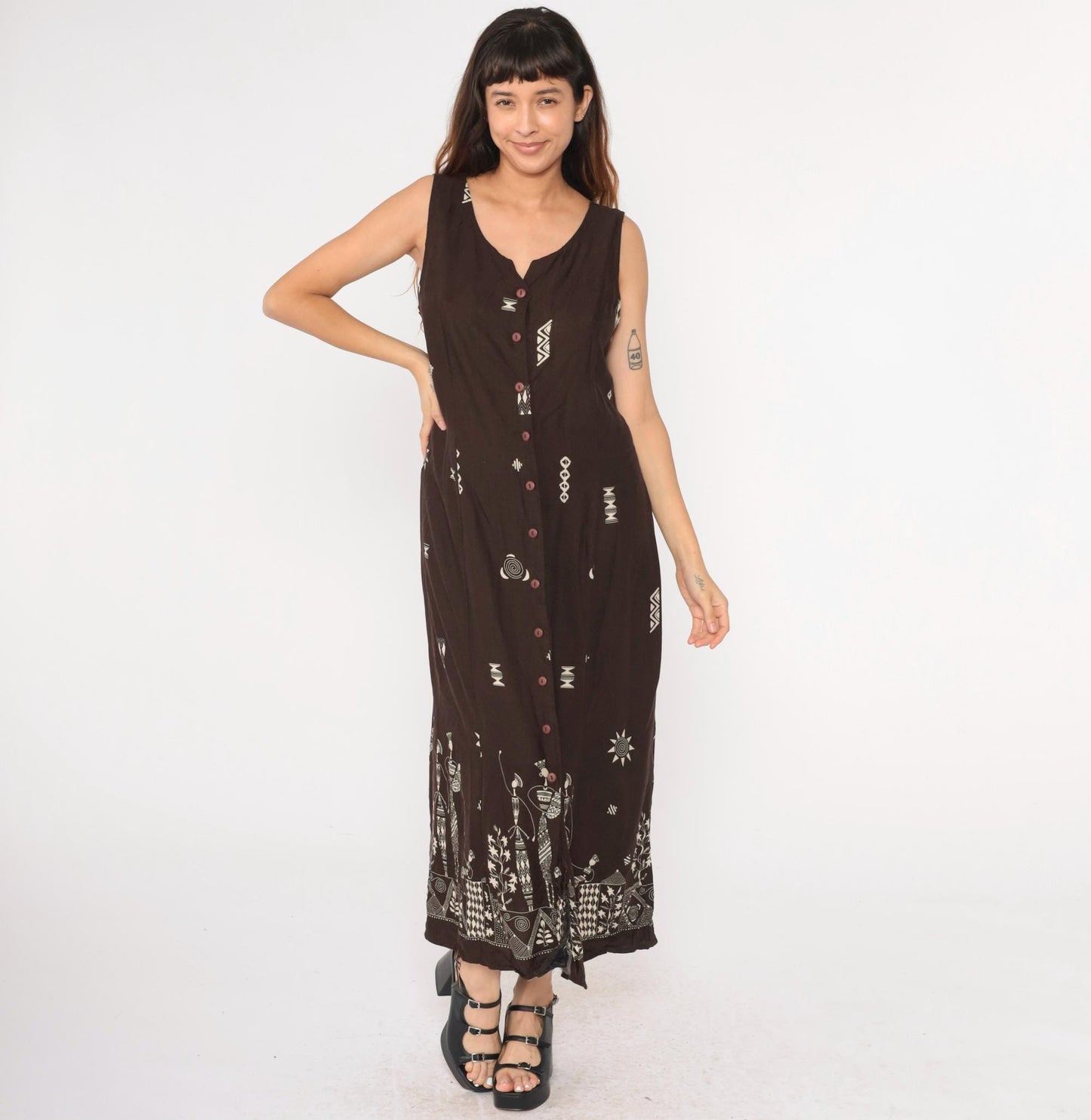 Y2K African Print Maxi Dress Brown Button-Up Sleeveless Geometric Cage Back Extra Large XL