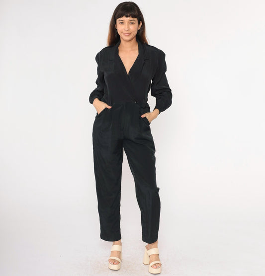 90s Black Jumpsuit V-Neck Wrap High Waisted Straight Leg Long Sleeve Small