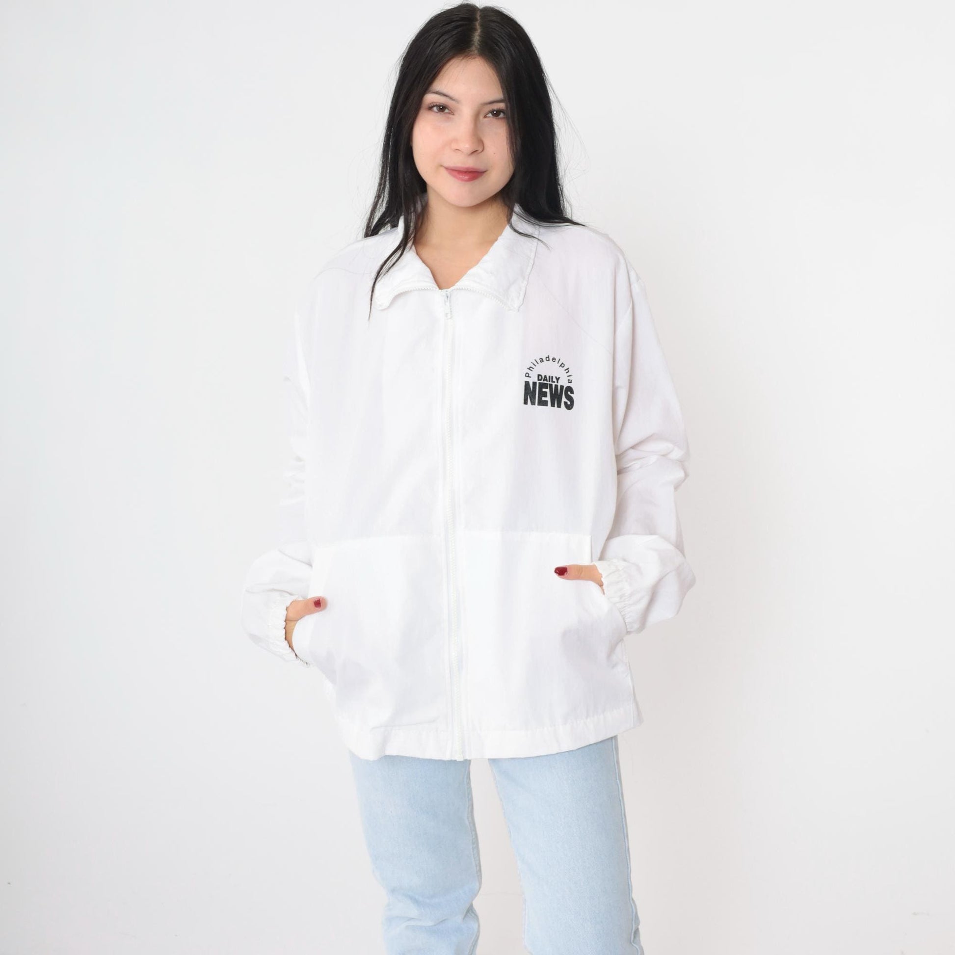 90s Philadelphia Daily News Windbreaker Jacket White Zip-Up Large