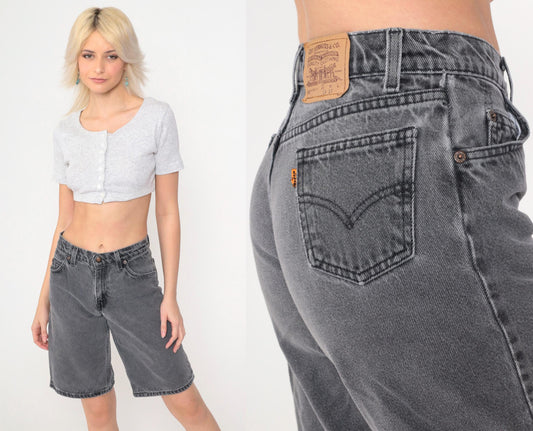 90s Levi's 560 High-Waist Denim Shorts Faded Black Bermuda Small