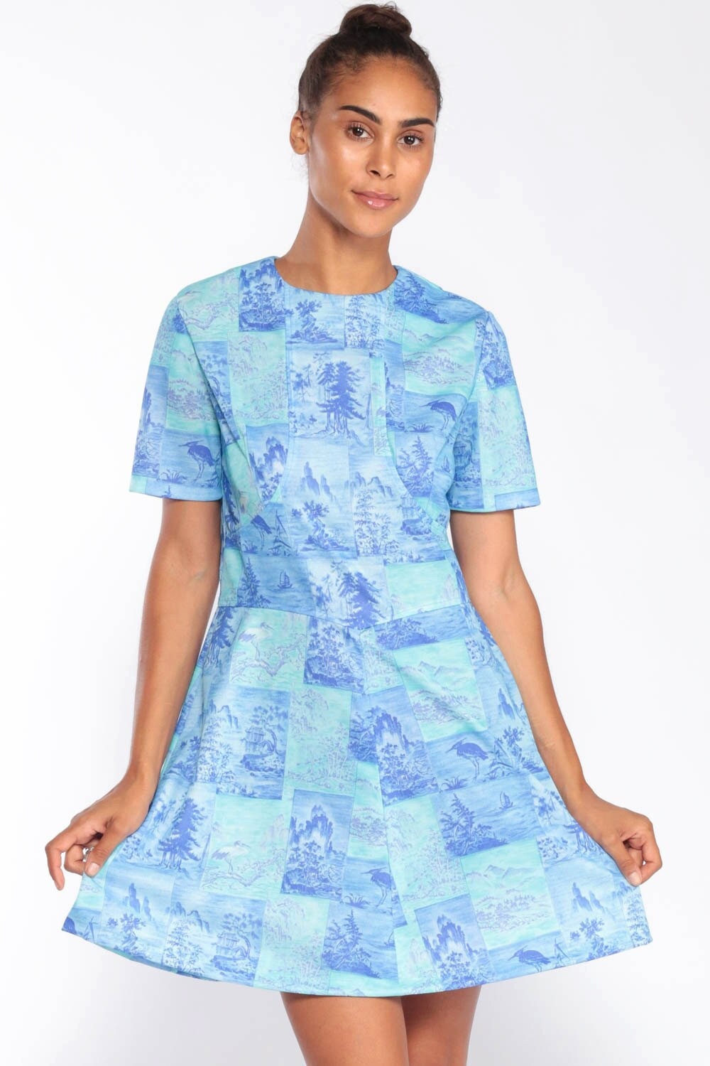 60s Mod Mini Dress Asian Bird Tree Print Blue High Waist Medium