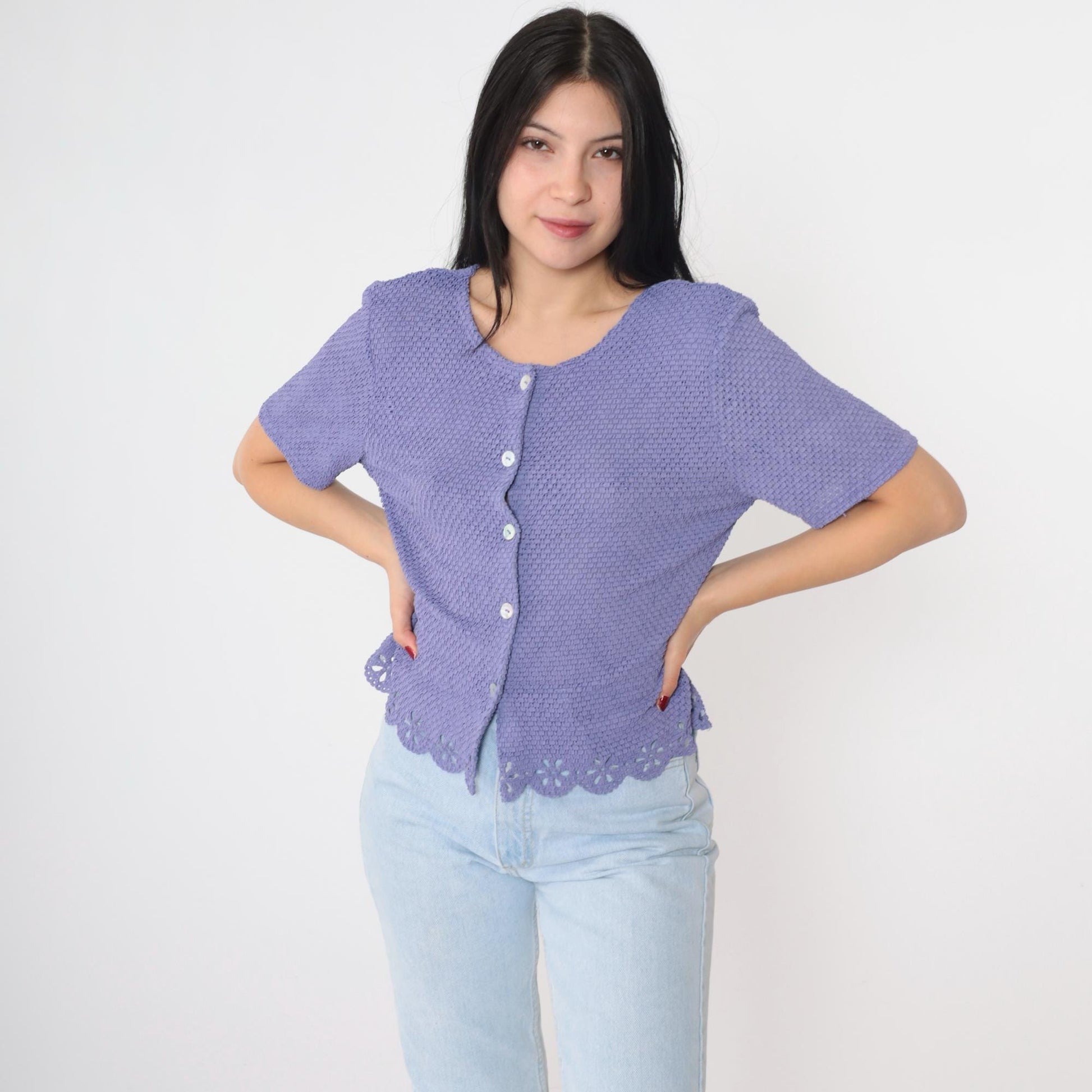 90s Lavender Cutwork Cardigan Sheer Knit Floral Cutout Button-Up Medium