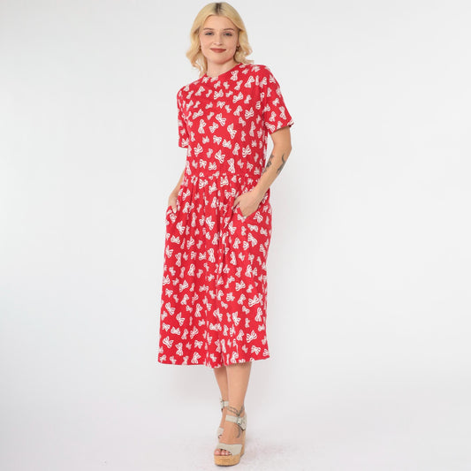 90s Talbots Red Bow Print Midi Dress Pleated Button Back Small