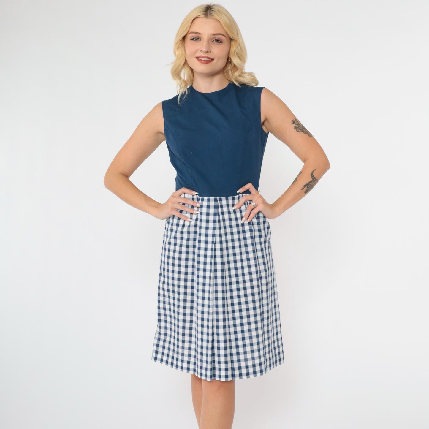 1960s Gingham Mini Dress Dark Blue High Waist Sleeveless Pleated Extra Small