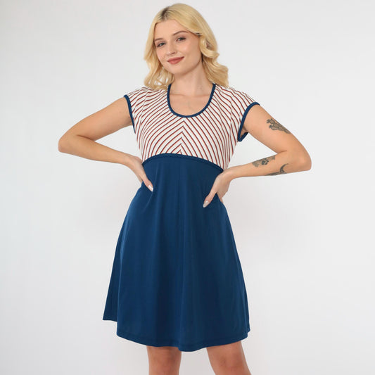 70s Sunshine Alley Striped Babydoll Mini Dress Empire Waist Navy White Small