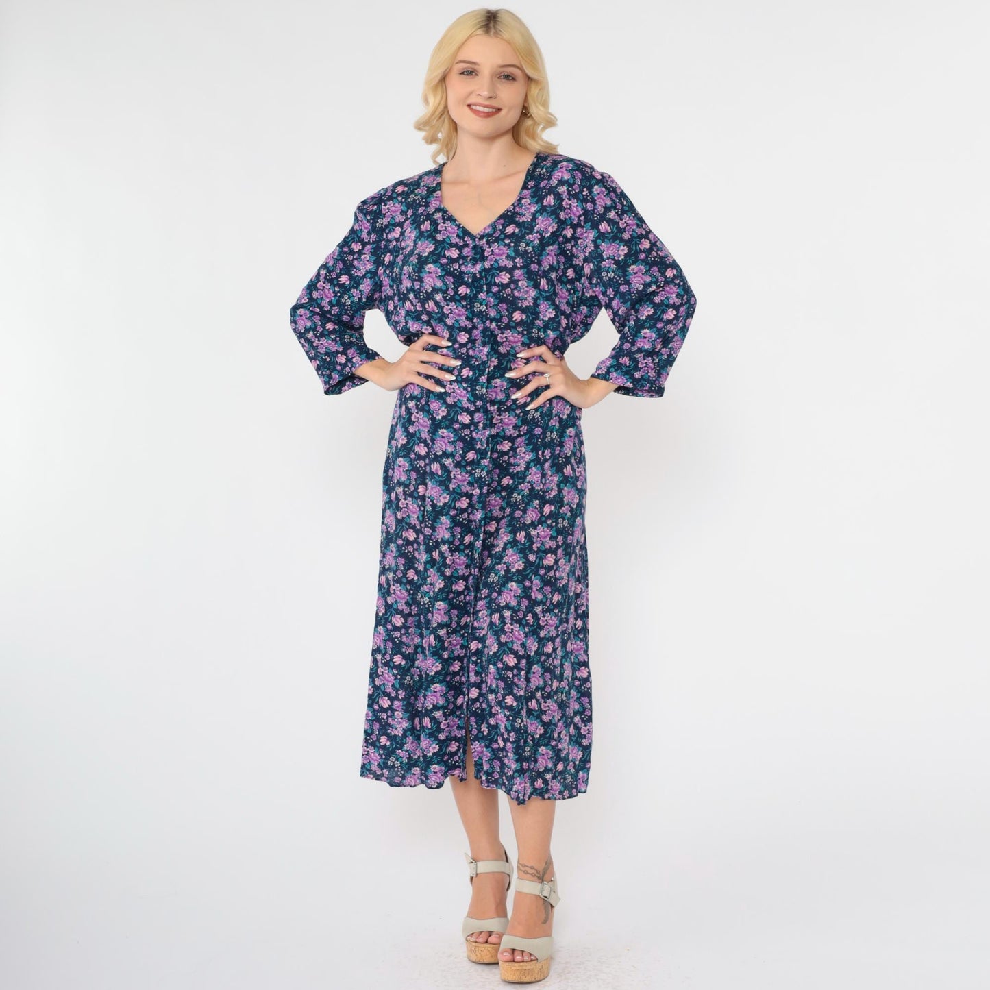 90s Purple Blue Floral Midi Dress Button Up Long Sleeve Large