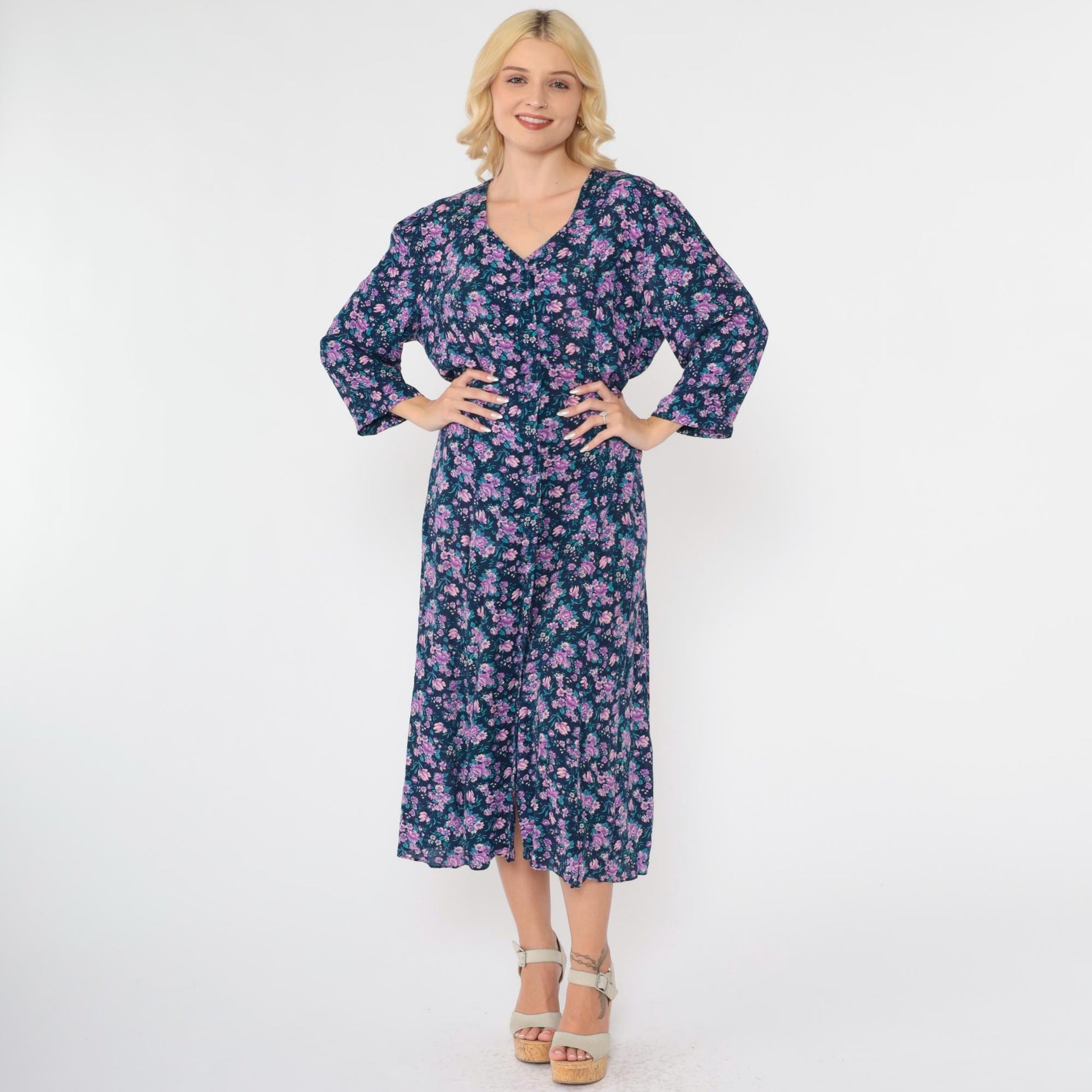 90s Purple Blue Floral Midi Dress Button Up Long Sleeve Large
