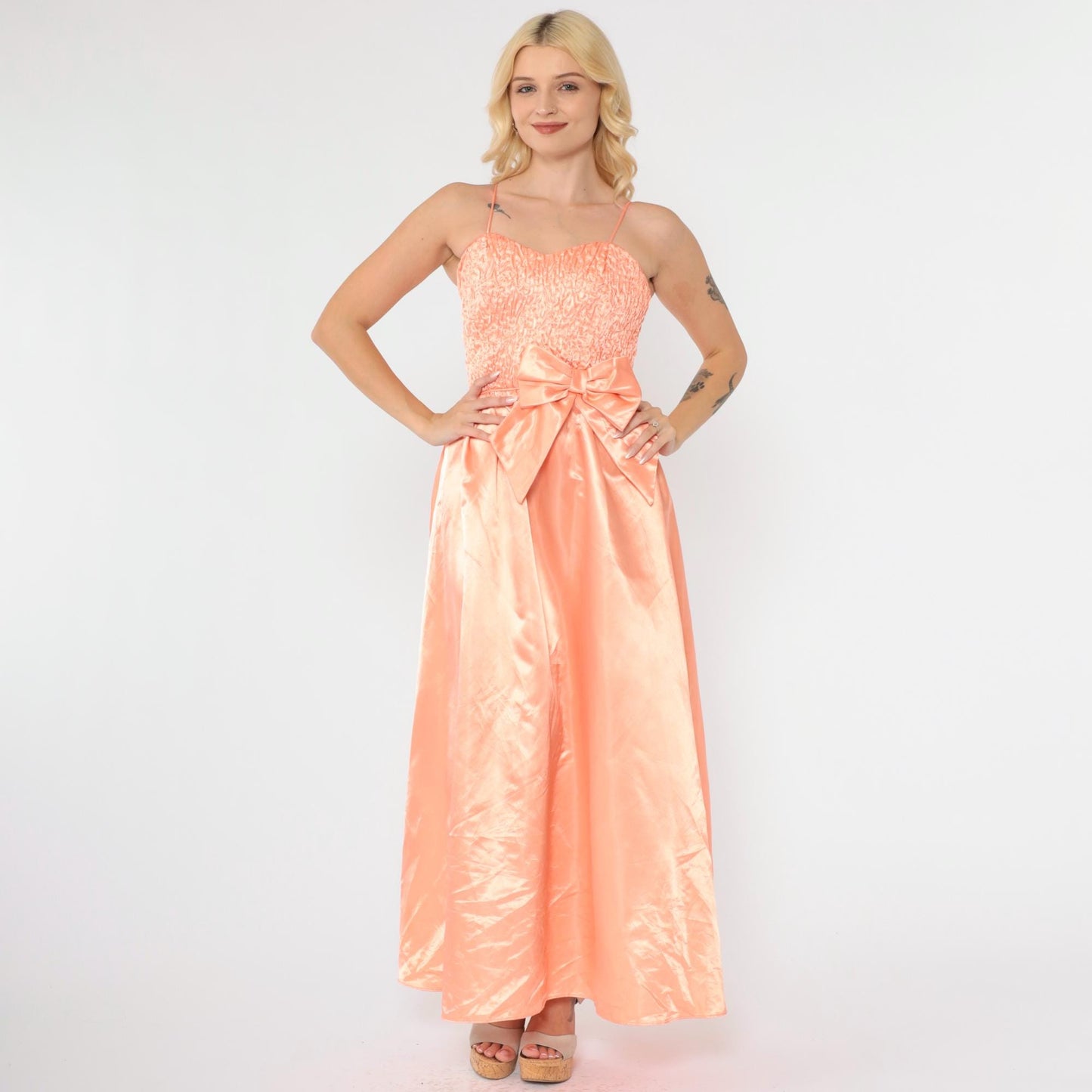 80s Peach Satin Maxi Gown Sweetheart Neckline Bow Waist Ruched XXS