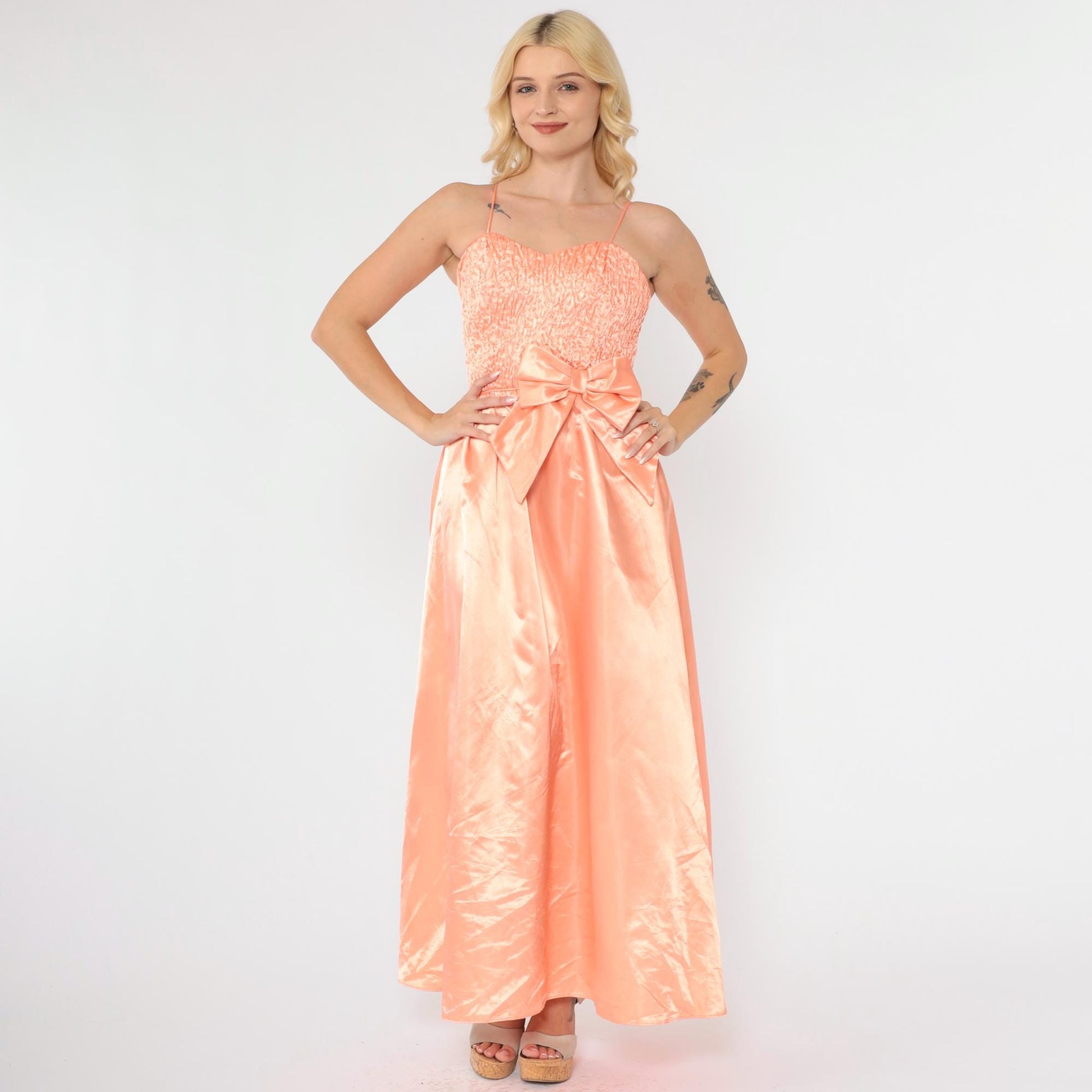 80s Peach Satin Maxi Gown Sweetheart Neckline Bow Waist Ruched XXS