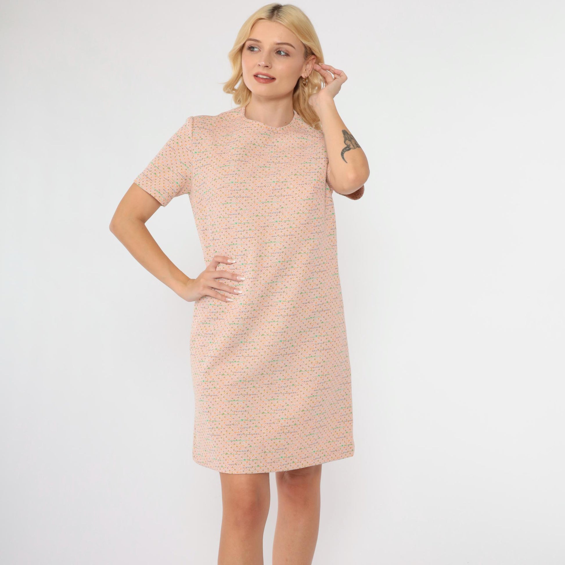 60s Mod Mini Shift Dress Orange Micro Dot Print White Polyester Small Medium