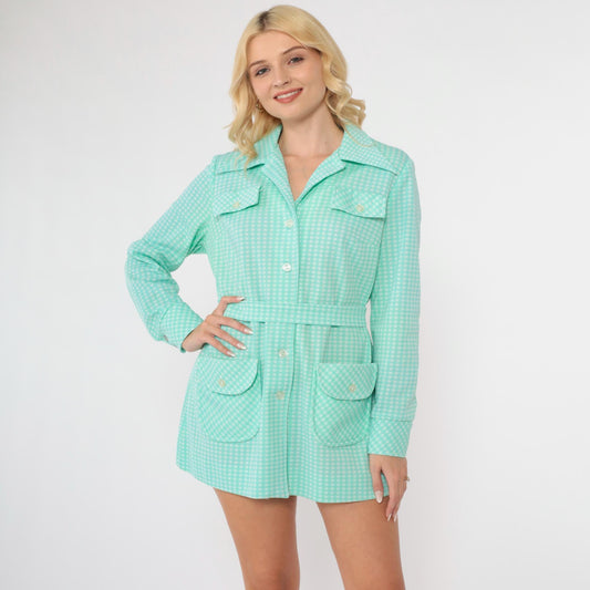 70s Mint Gingham Button-Up Shirt Jacket White Check Long Sleeve Medium