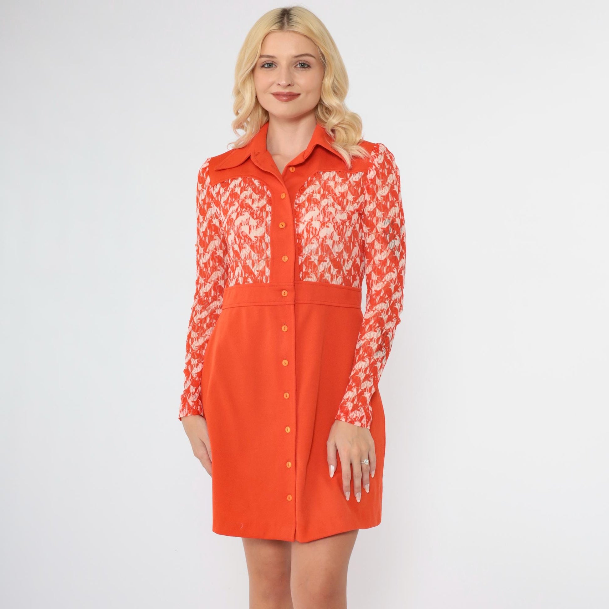 70s Mod Animal Print Mini Dress Orange Lace Collared Button-Up Small