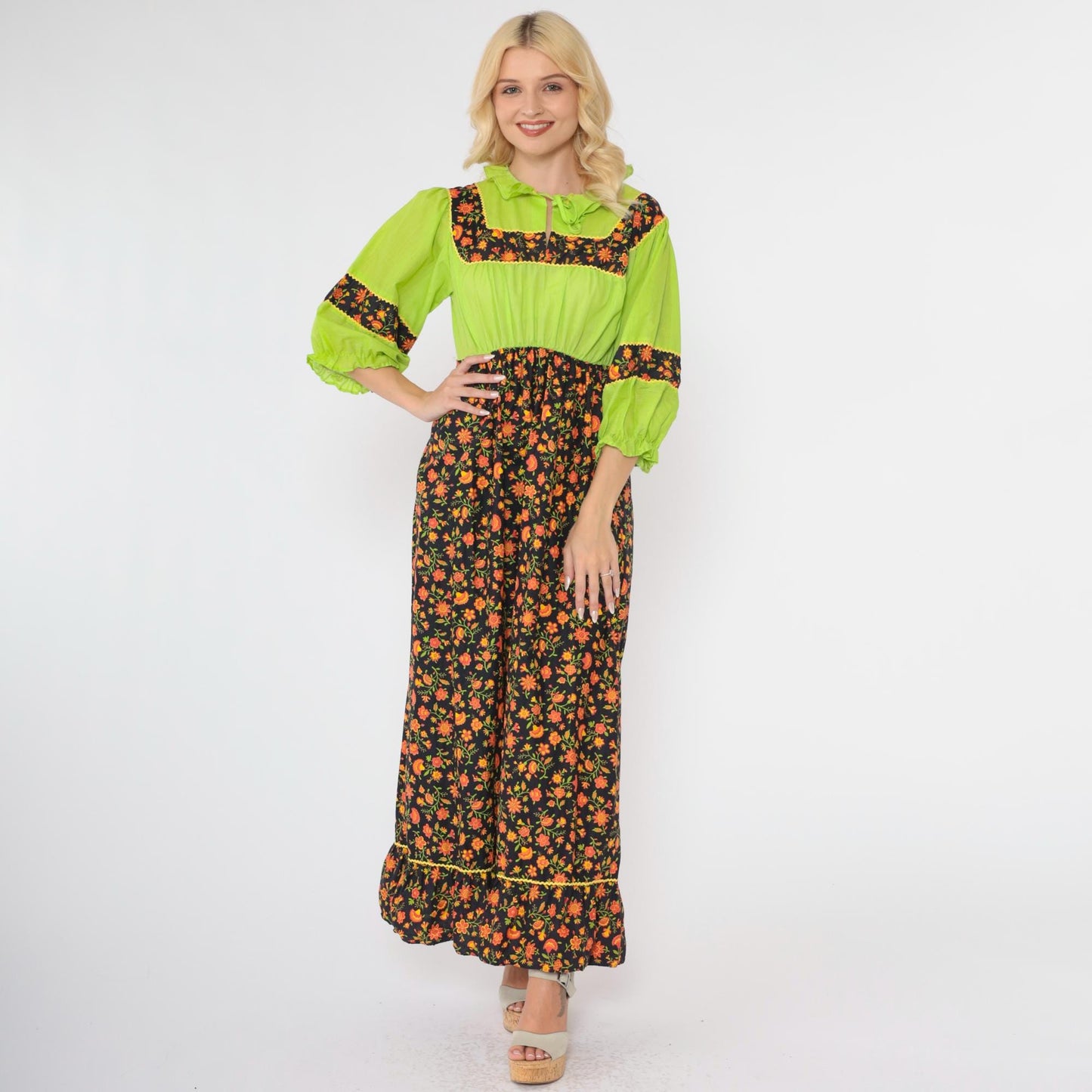 70s Floral Maxi Dress Lime Green Black Orange Puff Sleeve High Waist Small