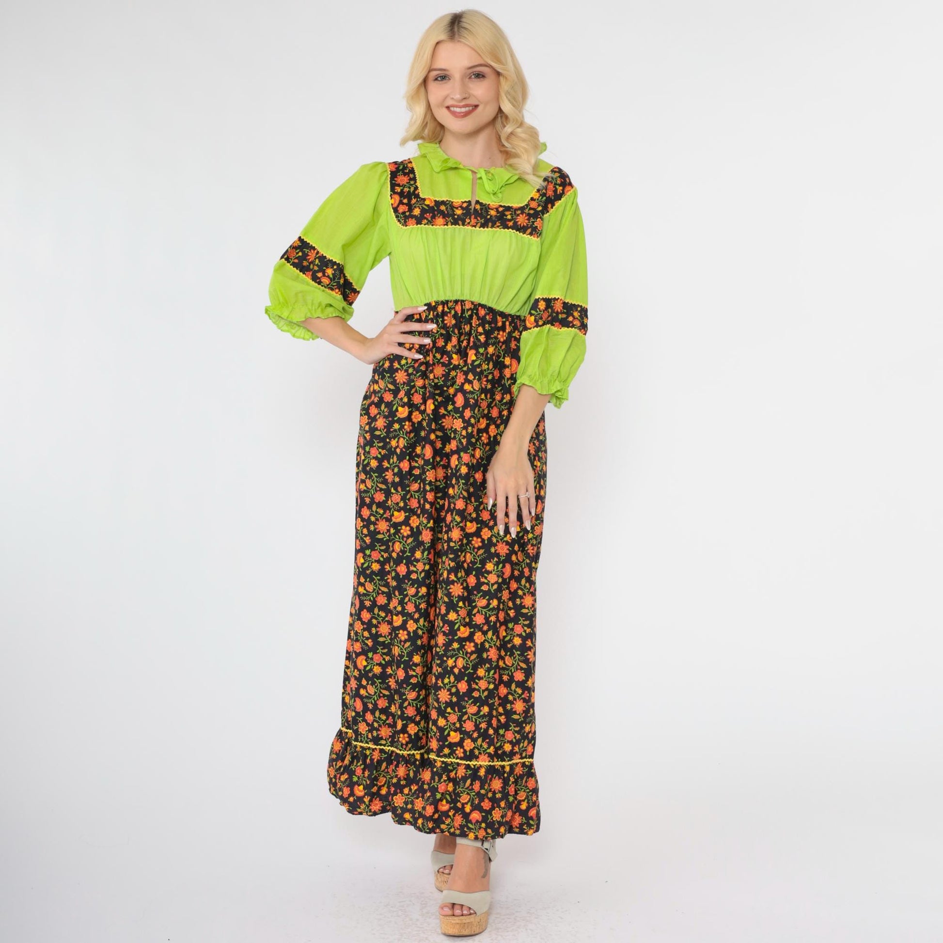 70s Floral Maxi Dress Lime Green Black Orange Puff Sleeve High Waist Small