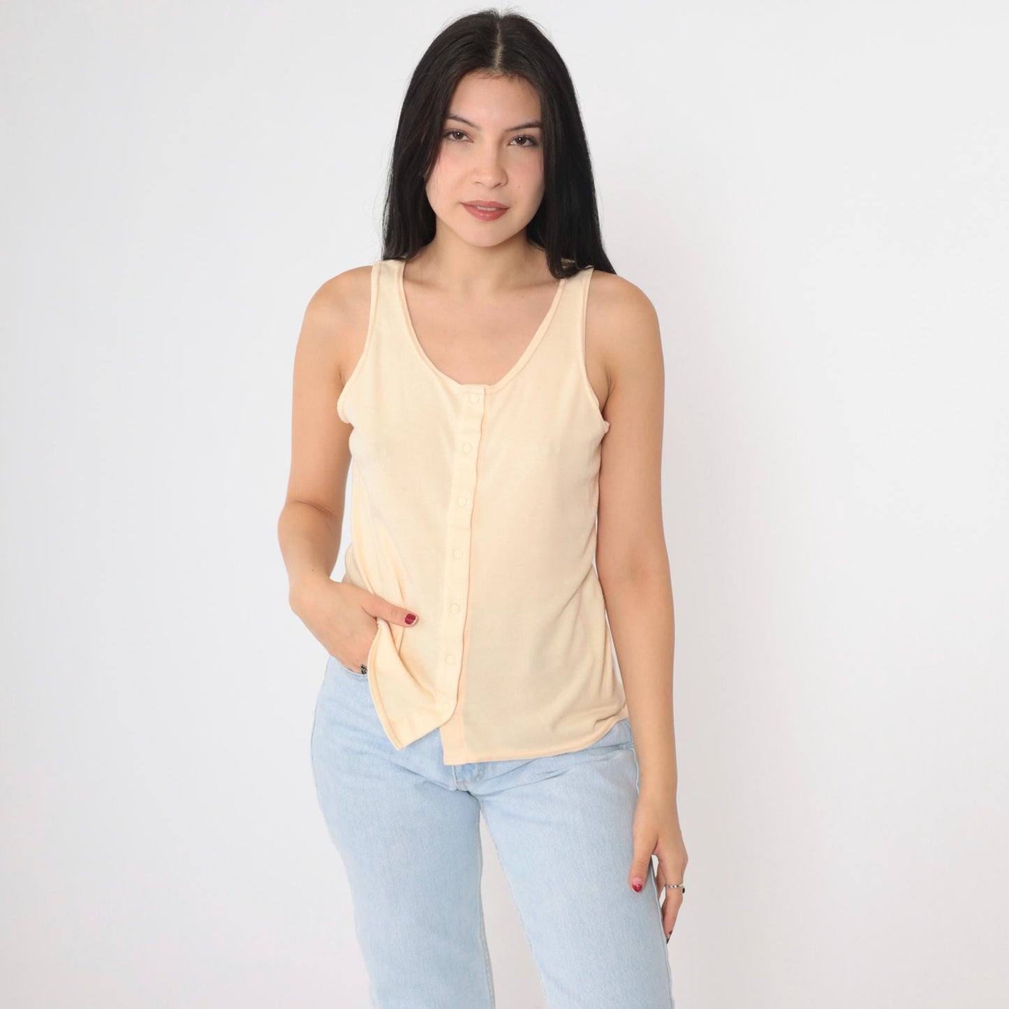 90s Peach Snap Button Tank Top Scoop Neck Sleeveless Blouse Medium