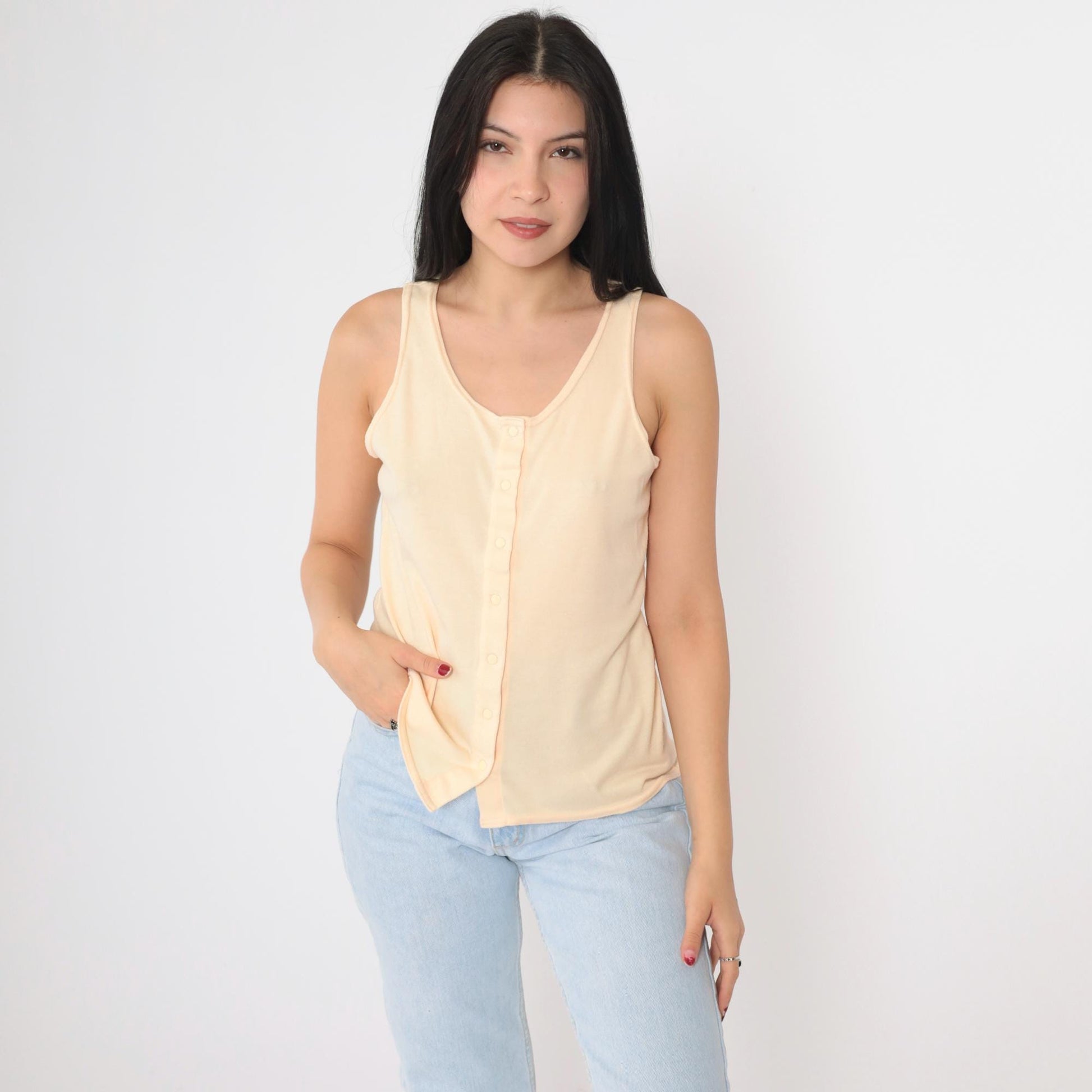 90s Peach Snap Button Tank Top Scoop Neck Sleeveless Blouse Medium
